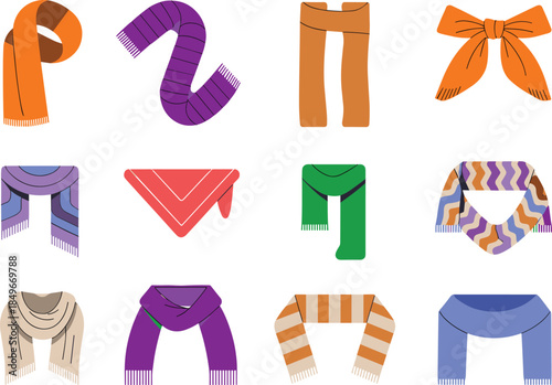 Colorful winter scarf collection illustration featuring various knitted scarves isolated on white background for fashion accessory design concepts