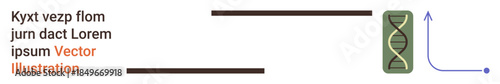 Science, genetics, research, biology, education, data processing. DNA helix with accompanying text, lines and an arrow element. Genetics and research with clarity and structure
