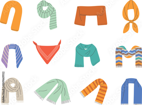 Colorful winter scarf collection illustration featuring various knitted scarves isolated on white background for fashion accessory design concepts