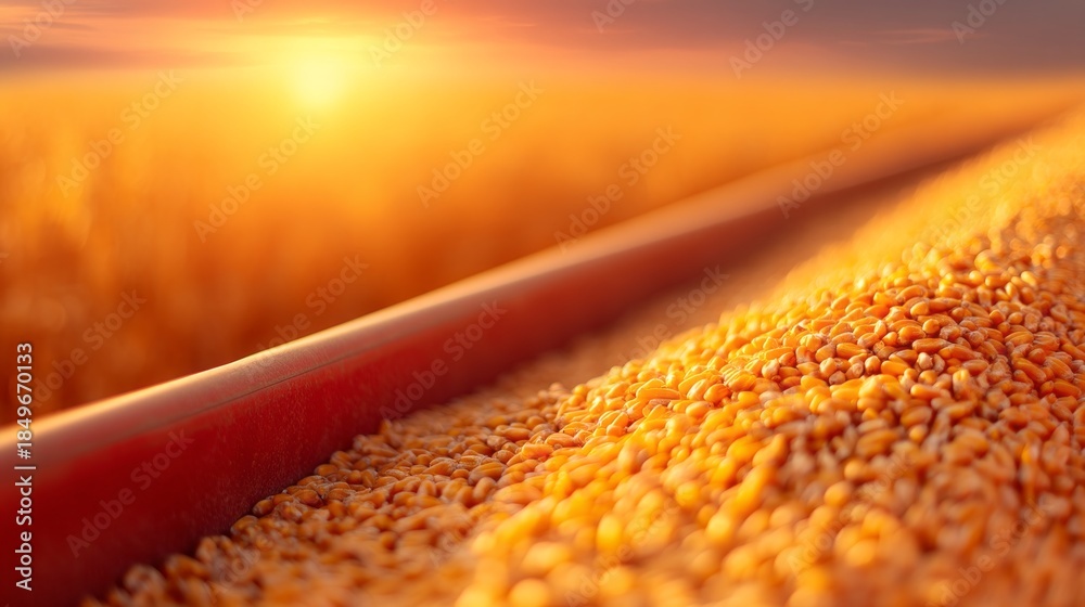 Obraz premium Bright golden grains of wheat cascade along a red conveyor belt as the sun sets, casting warm hues over the expansive field. The scene captures the beauty of harvest time