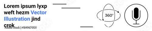 Automation, voice recognition, podcasting, technology interfaces, virtual reality, audio features. Text design with a microphone icon and 360-degree rotation graphic. Voice recognition and automation