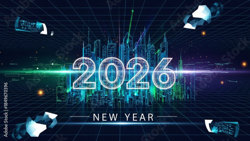 Futuristic 2026 New Year Celebration with Neon Lights and Cityscape Background