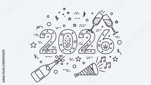New Year 2026 Celebration Illustration with Champagne and Confetti