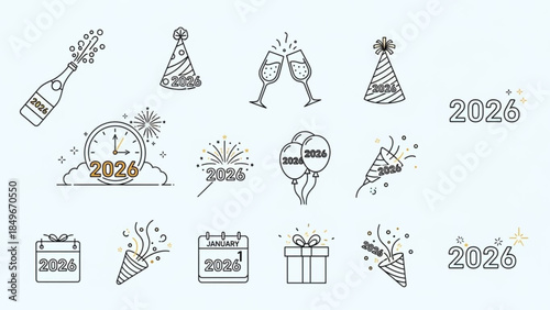 New Year 2026 Celebration Icons Set - Party, Gift, Fireworks, Clock, Champagne, Balloons, Calendar, and More