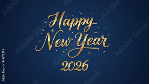 Happy New Year 2026 Wishes Celebration Gold Text on Dark Blue Background with Sparkling Stars
