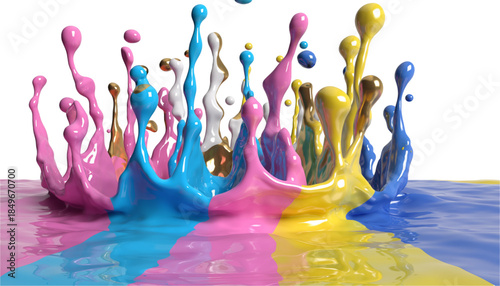 Colorful streams of paint splash upward in playful motion, capturing a lively moment of creativity and vibrant artistic expression