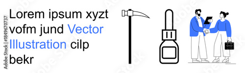 Business meetings, teamwork, trade, cosmetics, manual work, technology design. Two people shaking hands, a cosmetic bottle and a pickaxe. Business meetings and cosmetics concept