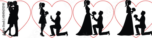 Set of Romantic Black Silhouette Illustrations of Couples Proposing and Hugging Inside Red Outlined Heart Shapes for Wedding Designs