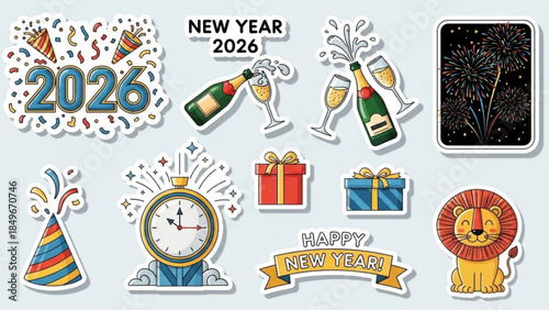 New Year 2026 Celebration Stickers with Gift Boxes, Lion, Clock, and Fireworks on Light Blue Background for Happy New Year