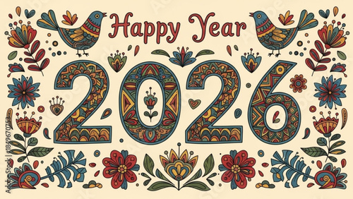 Vibrant Happy New Year 2026 Celebration Background With Colorful Flowers And Birds Decorative Design