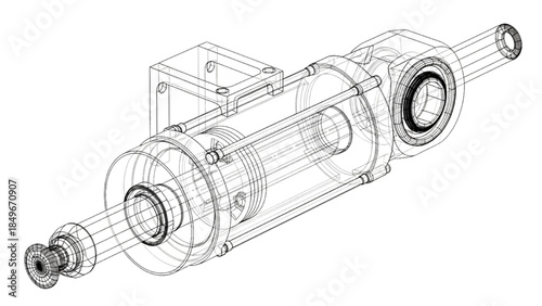 Hydraulic Cylinder Wireframe CAD Style Transparent Technical Vector Illustration