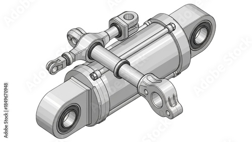 Detailed Mechanical Assembly of Industrial Hydraulic Cylinder Component in Technical Illustration with Isometric View