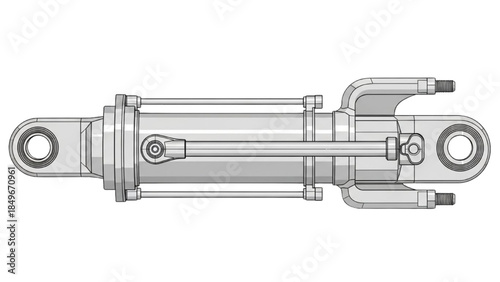 Mechanical Hydraulic Cylinder Component Detailed Illustration with Technical Drawing and Engineering Viewpoint on White Background