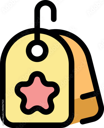 Simple vector illustration of a yellow price tag with a pink star, ideal for retail and sales concepts