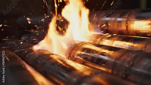 Metal pipe welding closeup fire sparks flame welding torch industrial metalwork hot metal welding sparks flying during industrial