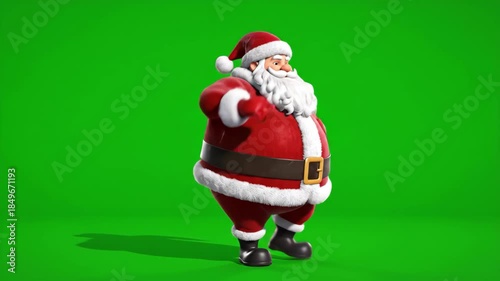 Jovial jolly jolly santa claus character walking dancing standing green background festive christmas beard red suit fur trim