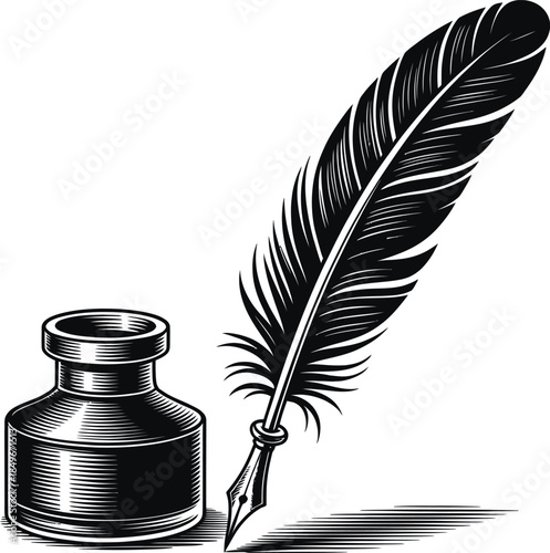 Vintage Quill Pen and Ink Bottle Illustration