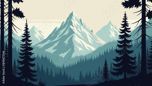 Serene Mountainous Landscape Illustration Showcasing Towering Alpine Peaks and Dense Conifer Forests in a Peaceful Natural Vista