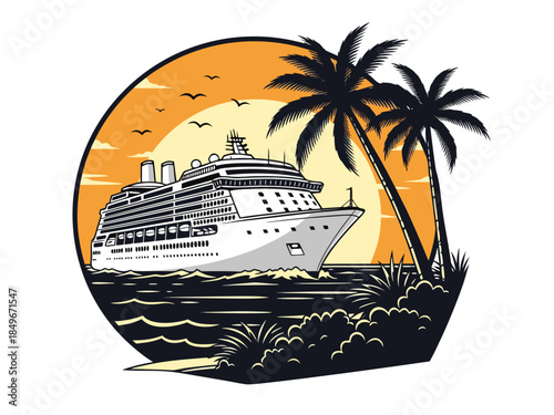 Vibrant vintage vector illustration of a cruise ship sailing at sunset through tropical waters with silhouetted palm trees, perfect for a summer travel emblem or holiday graphic design