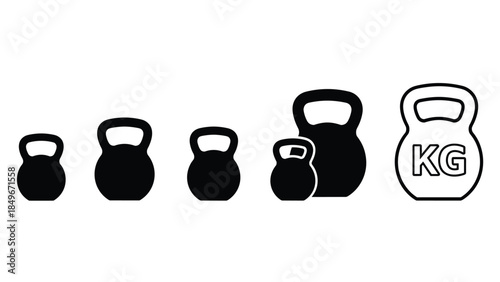 Kettlebells of various weights arranged in a row on a plain background
