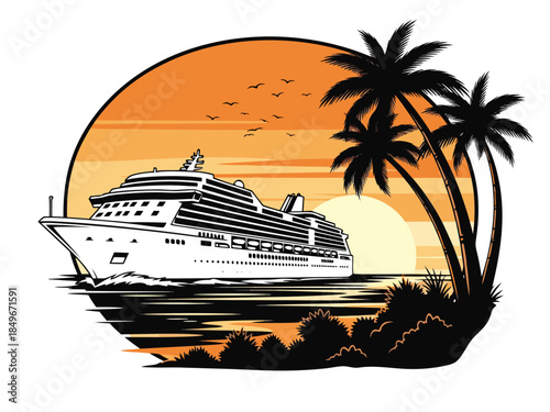 Magnificent cruise ship glides on tranquil ocean waves during a breathtaking tropical sunset, a vibrant vector illustration depicting an idyllic vacation paradise