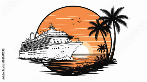 Cruise ship vector graphic sailing into tropical sunset with palm trees, ideal for serene ocean travel and exotic holiday themes