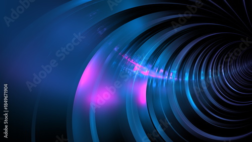 Colorful lights form a spiral shape that leads into darkness. blue and purple hues blend together, giving an impression of movement and depth