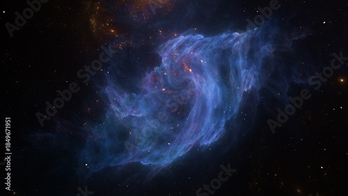 Gas clouds move and twist in space, showcasing colors and patterns. Light from distant stars reflects off the clouds in a vast expanse of the universe. 3d render