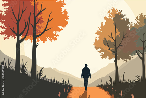 Man walking alone on autumn forest path between colorful trees at sunset, modern flat vector illustration symbolizing journey, reflection, solitude and peaceful nature landscape