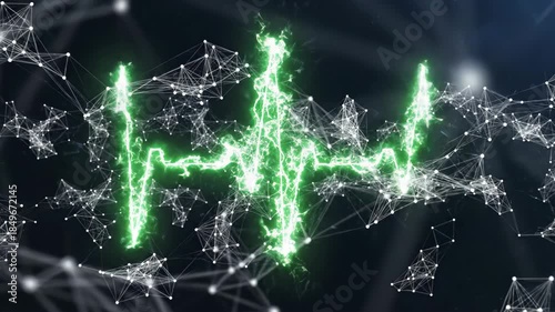 Electric green and electric blue heartbeat waveform of neon energy connecting network nodes and glowing connection mesh with