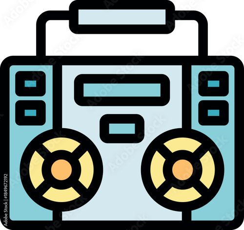 Colorful retro boombox icon with bold outlines and dual speakers