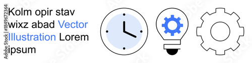Time management, innovation, productivity, planning, technology, teamwork. Image features a clock, lightbulb with gear and gear wheel symbols. Time management and innovation concept