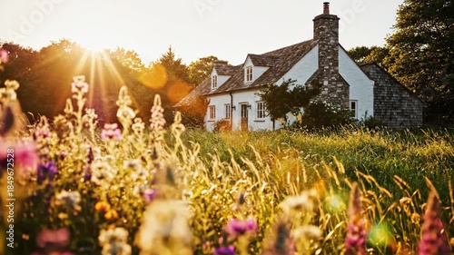 Sunlit cottage garden meadow with wildflower meadow, golden sunrise sunlight and warm rustic stone chimney country house peaceful