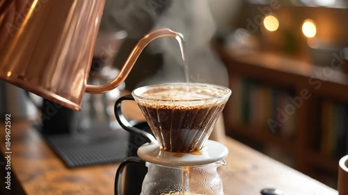 Fresh pour over coffee brewing glass dripper with steam and warm ambiance pouring hot water over ground coffee pour over dripper