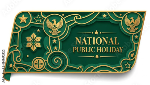 Ornate green and gold banner design for national public holiday with indonesian garuda emblem and floral
