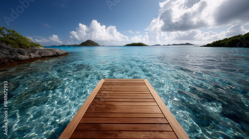 wooden jetty extending into a turquoise lagoon with clear calm water and islands on the horizon.