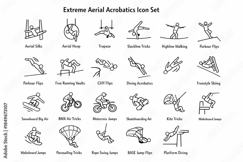 Fototapeta premium A set of 20 simple black and white line icons called Extreme Aerial Acrobatics Icon Set.