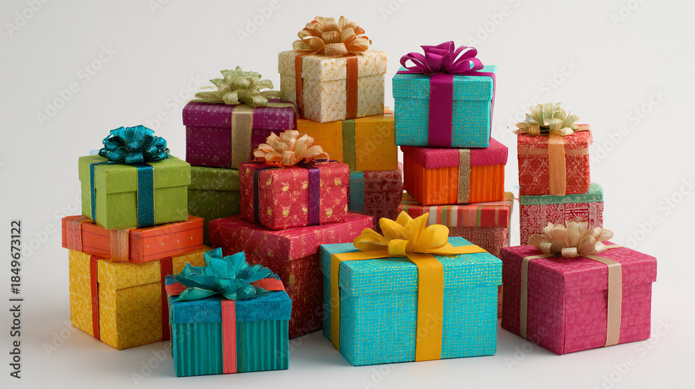 Obraz premium A vibrant collection of colorful gift boxes with decorative bows, stacked and isolated on a white background