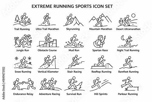 A set of 20 simple black and white line icons called EXTREME RUNNING SPORTS ICON SET. 