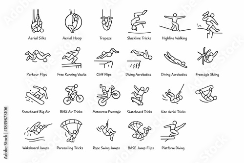 A collection of simple outlines, black-and-white icons depicting various extreme disciplines and some extreme sports. They are drawn in a minimalist style — silhouettes of figures in motion.