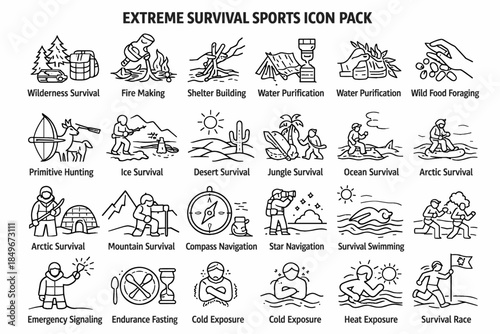 A set of 20 simple black and white outline icons called EXTREME SURVIVAL SPORTS ICON PACK.