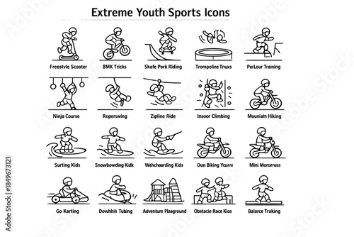 A set of 20 simple black and white line icons called Extreme Youth Sports Icons. 