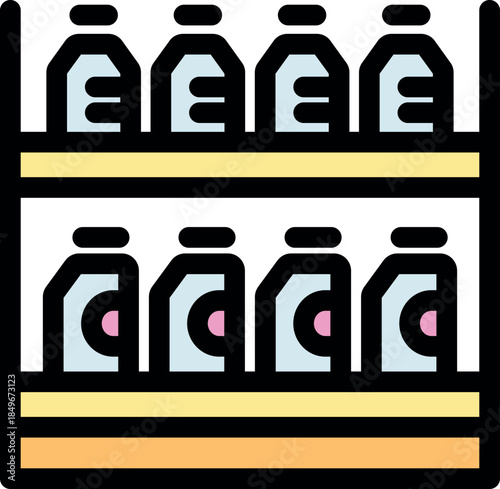 Supermarket shelf displaying various bottled products and consumer goods packages, representing retail and grocery shopping