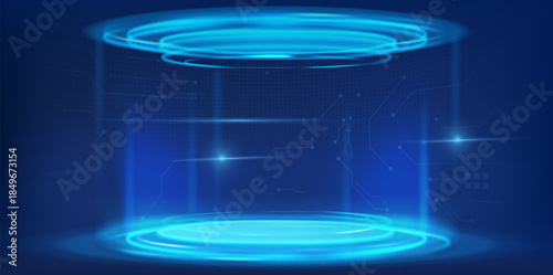 High tech data podium with AI hologram effects and blue portal. Modern 3D platform with digital interface elements and tech lighting. Futuristic stage design in virtual reality, cyberpunk aesthetics