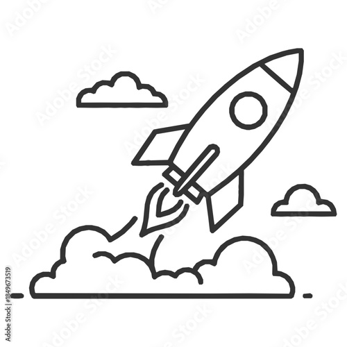 A line art illustration of a rocket launching into the sky with smoke and clouds, symbolizing progress and innovation.