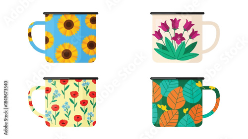 Four colorful enamel mugs with floral and botanical patterned designs displayed