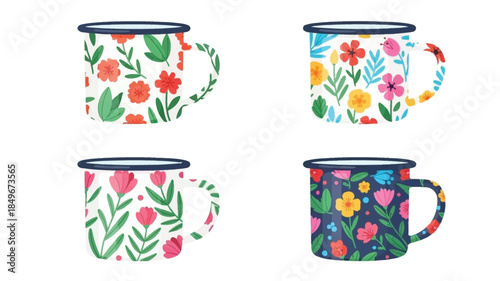 Colorful floral enamel mugs arranged in a grid pattern on a white background
