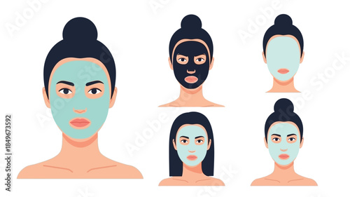 Facial mask application stages illustrated faces showing skincare routine steps