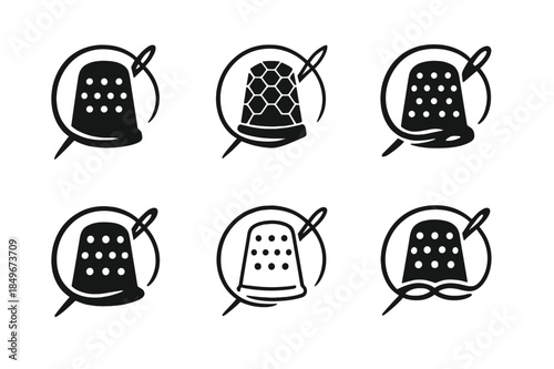 Hand Stitching Logos. Hand stitching. Set Logo of Hand stitching: thimble and curved needle motion. harmonious logo variations of the same emblematic concept,