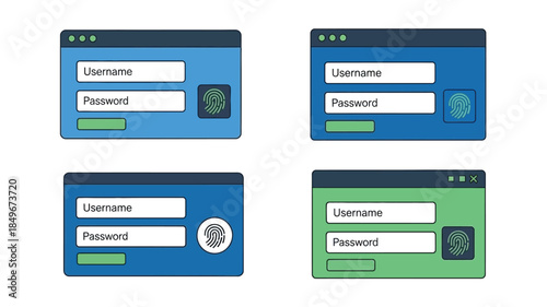 Login interface mockups with username password fields and biometric authentication symbols